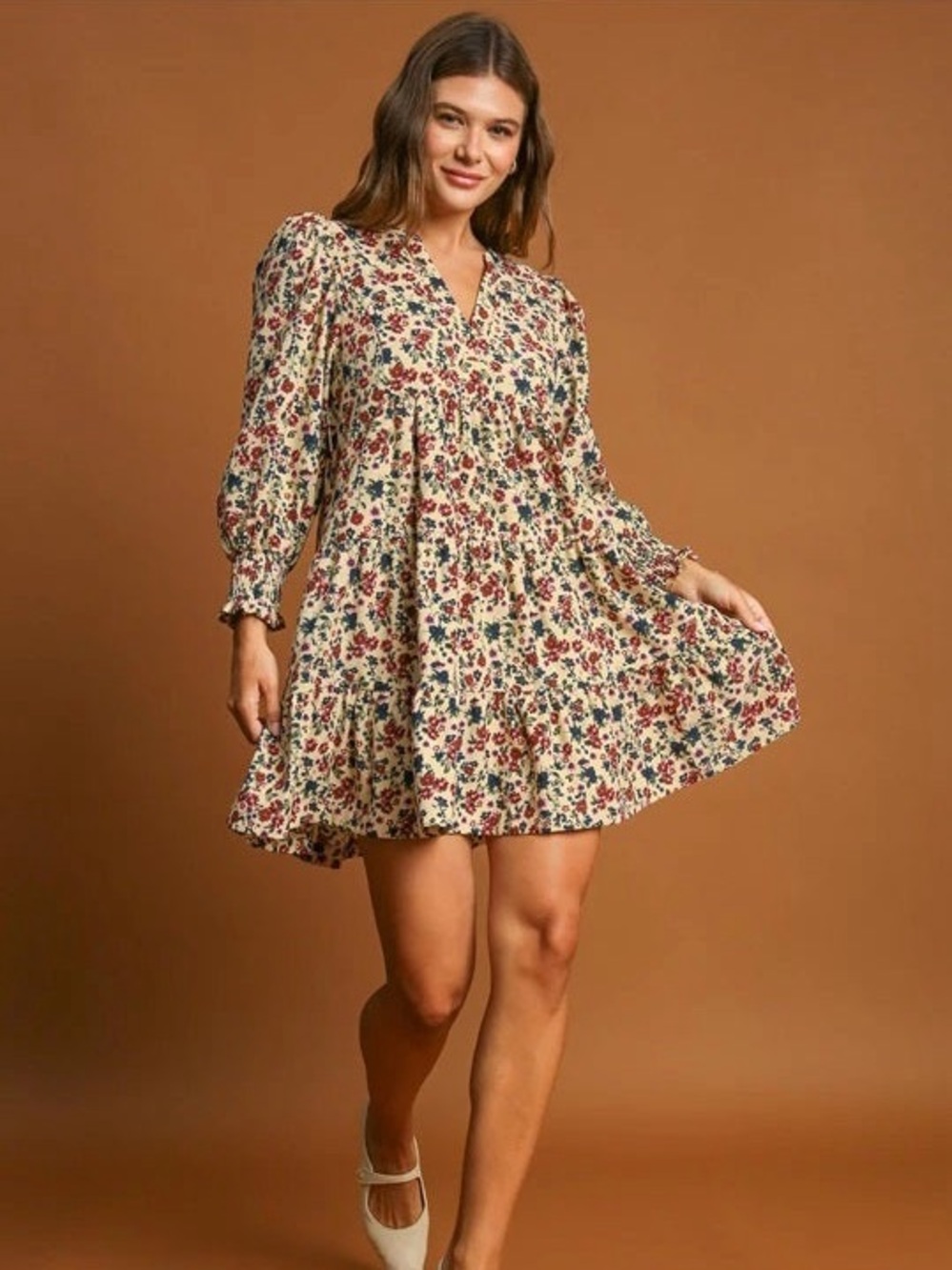 Umgee Cream Floral Tiered Long-Sleeve Dress with Rust & Teal Accents